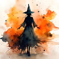 a watercolor painting of a woman wearing a witches hat