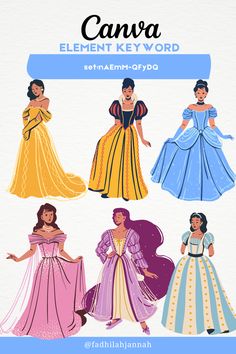 an image of some princesses in different outfits and colors, with the title canva element keyword