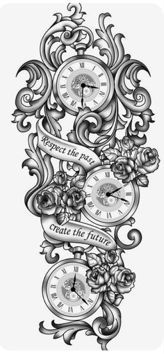 a drawing of an ornate clock with scroll and flowers on the side, in black and white