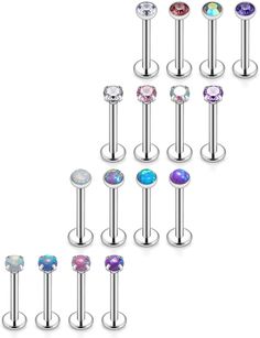 PRICES MAY VARY. STYLES 16 PCS Multicolor Labret(Flat Back) Stud, 4 Styles:(1)Rhinestone,(2)Cubic Zirconia,(3)Prong Setting Created-Opal,(4)Created-Opal Inlaid. Dimensions The Bar Thickness is 16ga (1.2mm). Wearable Bar Length: 5/16in (8mm). End Sizes: 0.14in (3mm). Quality Hypoallergenic Surgical Stainless Steel, Hand Polished to a Mirror Shine. SUITABLE Lips Piercing / Labret Cheek Dimple Madonna Monroe Medusa Angel Bites / Ear Cartilage Piercing / etc SERVICE 90-day Exchange or Money Back . C Lip Piercing Labret, Medusa Piercing Jewelry, Dimple Piercing, Lip Piercing Jewelry, Conch Piercing Jewelry, Lip Rings, Tragus Piercing Jewelry, Labret Jewelry, Medusa Piercing