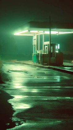 an empty gas station at night with the lights on