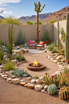 an outdoor fire pit surrounded by rocks and cacti