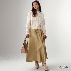 Lasaky - Pleated A-line Skirt Casual A-line Maxi Skirt For Work, Flowy Maxi Skirt For Fall Workwear, Elegant Fall Maxi Skirt With Pockets, Beige Maxi Skirt With Pockets For Fall, A-line Maxi Skirt For Fall Workwear, Beige Flared Maxi Skirt For Fall, Casual Beige Maxi Skirt For Workwear, Beige Casual Maxi Skirt For Work, Flowy Winter Skirt For Day Out