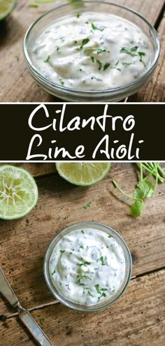 cilantro lime aioli in a glass bowl on a wooden table