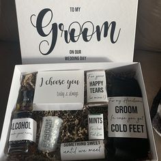 the grooms gift box is filled with groom's products and personalized items