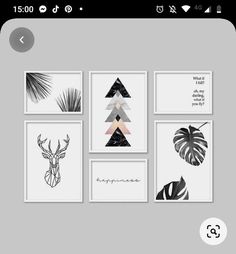 six black and white art prints with geometric shapes, palm leaves, deer head, pineapple