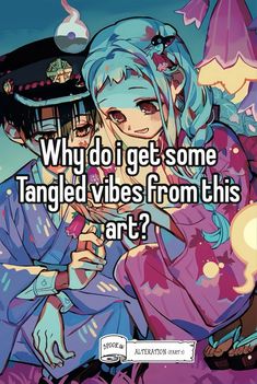 an anime character with blue hair and the caption why do i get some tangled vibes from this art?