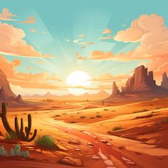 a desert scene with cactus trees and mountains in the background, as the sun sets