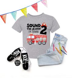 Sound the Alarm, I'm Turning 2! This theme birthday shirt is so perfect for your little firetruck obsessed child.  ►Need to add a name and/or number to the back of these tees? No problem, you can purchase the additional lettering here: https://www.etsy.com/listing/262819904/add-on-additional-lettering-to-the-back?ref=shop_home_active_1 ►PRODUCT DESCRIPTION Design available on our super soft Unisex Kids Tee Shirts. These can run true to size or smaller on the boys and bigger on the girls. They wi Fire Truck Birthday Shirt, Fire Truck Shirt, Truck Theme Birthday, It's My Birthday Shirt, 2nd Birthday Shirt, Truck Shirt, Kids Tee Shirts, Firetruck Birthday, Buffalo Plaid Shirt