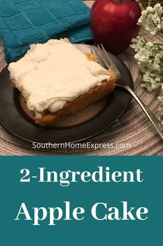 two ingredient apple cake with white frosting on a plate next to an apple and flowers