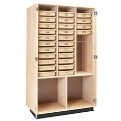 a wooden cabinet with many drawers and bins