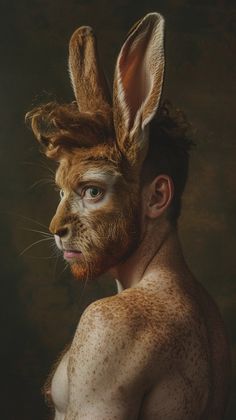 a man with an animal's head on top of his head and the body is covered in mud