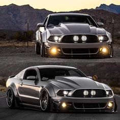 the front and side view of a silver mustang with lights on it's headlamps