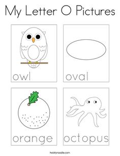 the letter o pictures worksheet with an orange and an owl on it's back