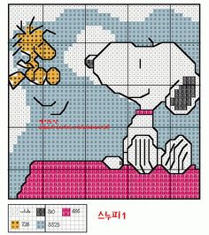 a cross stitch pattern with a dog on it's chest and clouds in the background