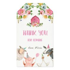 a thank card with farm animals and flowers