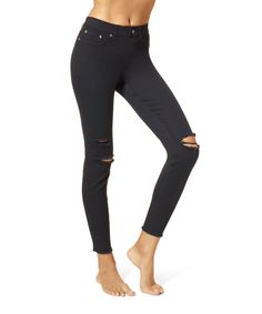 Ripped Knee Denim Leggings High Rise Ripped Stretch Pants, High Rise Stretch Ripped Pants, Mid-rise Stretch Ripped Pants, Stretch Ripped Straight Leg Jeggings, Ripped Stretch Jeggings For Fall, Fall Stretch Cropped Leg Jeggings, Edgy Stretch Mid-rise Jeans, Edgy Stretch Jeans For Fall, Edgy Mid-rise Stretch Jeans