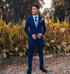 a man in a blue suit standing next to some bushes