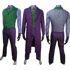 the joker cosplay costume is shown in three different colors, including purple and green