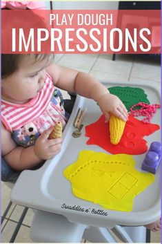 a toddler playing with play dough impressionss on a tray in front of the words, play dough impressionss