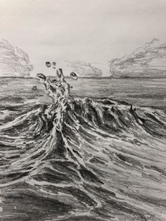 a pencil drawing of an ocean wave with mountains in the background and clouds above it