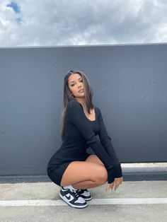 Girl bending down in black romper and blank mike dunks in car park Dress With Dunks, Dunk Outfits, Moroccan Clothes, Dunks Sneakers, High Tops Outfit, Panda Outfit, Dunk Outfit, 21 Bday, Bday Pics