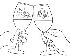 two hands toasting wine glasses with the word mr and mrs on them, in black ink