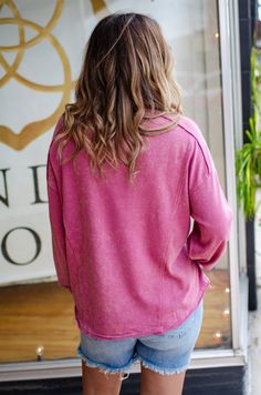 Fall in love with this playful Take My Heart Mineral Washed Top. The rose pink color is on-trend while the mineral wash gives it a unique touch. The raw edge detail and high low hem make it fun and flirty, and the side slits add extra comfort. Perfect for a casual day out (or in)! 95% Polyester 5% Spandex Model 5'9" Wearing small Pink Washed Top For Spring, Spring Pink Washed Top, Spring Pink Washed Tops, Trendy Distressed Pink Top, Trendy Pink Distressed Top, Spring Distressed Pink Tops, Take My Heart, Rose Pink Color, Casual Blouse Shirts