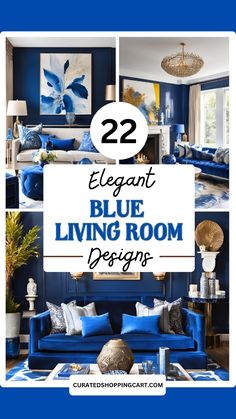 blue living room with text overlay that reads 22 elegant blue living room design ideas