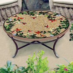 Caramel Hummingbird Mosaic Coffee Table-Iron Accents Mosaic Table Top Designs, Hummingbird Mosaic, Mosaic Furniture, Mosaic Coffee Table, Round Mosaic, Mosaic Table Top, Mosaic Garden Art, Mosaic Tile Art, Mosaic Art Projects