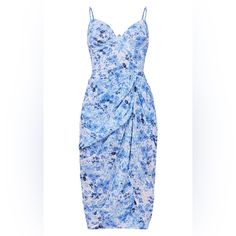 Can’t Express How Gorgeous This Dress Is! First Of All, The Blue Floral Pattern Screams Summer, Along With Its Delicate And Lightweight Material. Perfect For The Hot Summer Days. It Does Have An Underwire Support On The Bra Area With Adjustable Straps. The Ruching On The Side And Clench On The Waist Adjusts To Your Body, And Openness On The Front Adds A Cute And Seductive Touch. Very Feminine Look! Blue Summer Dress With Ruched Bodice, Blue Ruched Midi Dress With Spaghetti Straps, Blue Midi Dress With Ruched Bodice For Summer, Blue Ruched Spaghetti Strap Dress, Blue Draped Midi Dress For Spring, Tie Up Heels, Blue Floral Pattern, Ruched Midi Dress, Skirt Midi