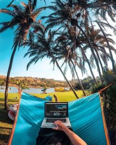 a man sitting in a hammock with his laptop on his lap under palm trees