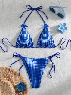 Sunset Charm Plaid Bikini With Bows – Sunset and Swim Bikinis Shein, Butterfly Decor, Beach Blue, Traje Casual, Butterfly Decorations, Shorts Casual, Cute Swimsuits