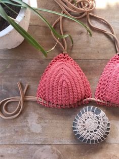 two knitted hats sitting on top of a wooden table next to a potted plant