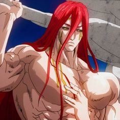 an anime character with red hair and no shirt