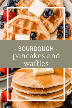 some pancakes and waffles are stacked on top of each other with blueberries