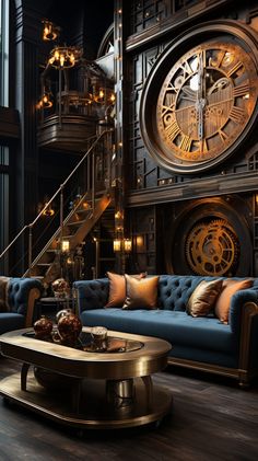 a living room filled with furniture and a large clock on the wall