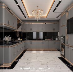 a large kitchen with marble floors and gold trim on the cabinets, along with chandelier