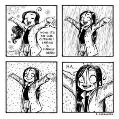 the comic strip shows two women dancing in the rain, and one is holding her arms out