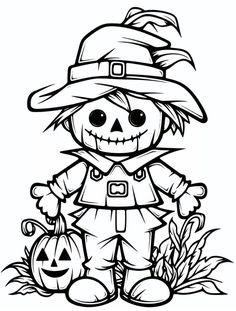 a black and white drawing of a scare with a pumpkin in it's hand