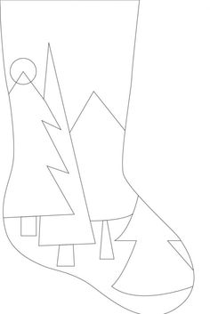 a black and white drawing of a christmas stocking with a tree on the top