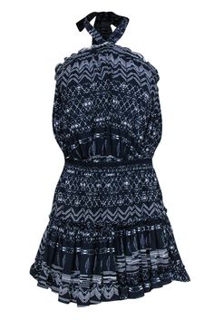 Current Boutique-MISA Los Angeles - Navy & White Print Tie Neck Ruffle Mini Dress Sz M Mini Ruffle Dress For Beach, Navy Mini Dress For Summer, Navy Ruffle Dress For Summer, Navy Sleeveless Dress With Ruffles, Navy Mini Dress With Ruffles, Sleeveless Ruffled Rayon Mini Dress, Navy Ruffled Mini Dress, Vintage V-neck Mini Dress With Ruffles, Beach Pleated V-neck Mini Dress