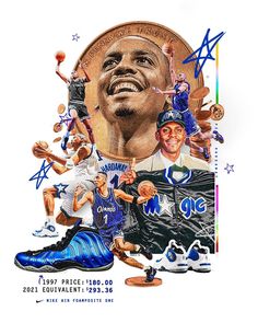 a drawing of a basketball player surrounded by other sports figures and stars on a white background