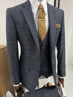 Navy Plaid Suit, Suit Aesthetic, Tie Making, Suits Style, Navy Blue Vest, Men's Denim Style, Elegant Suit, Comfortable Mens Shoes, Classic Wear