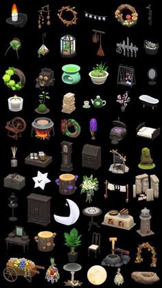 an image of many different objects on a black background, including furniture and other items