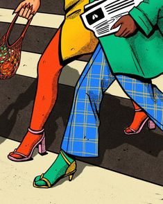 a drawing of a woman sitting on a crosswalk with a newspaper in her hand