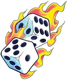 two dices with flames coming out of them