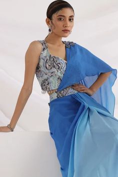 Shop for Smriti by Anju Agarwal Blue Chinnon Pre-draped Ombre Saree With Embroidered Blouse for Women Online at Aza Fashions Embellished Blue Pre-draped Saree, Blue Embellished Pre-draped Saree, Blue Drapes, Drape Saree, Beaded Neckline, Blouse Online, Blue Blouse, Embroidered Blouse, Blue Fabric