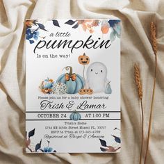 a little pumpkin is on the way baby shower or birthday party card with an elephant, ghost and pumpkin