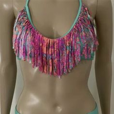 Raisins Women Fringe Bra Bikini Top M780079 Sz M Mint Green W/Pink/Orange Fringe - 80% Nylon/20% Spandex - Style M780079 - Msrp - $28 - Medium Weight Pink Halter Neck Tankini For Pool, Pink Triangle Top Tankini For Party, Pink Tankini For Beach Party, Tropical Pink Tankini For Swimming, Pink Halter Neck Tankini For Party, Pink Beachwear Tankini For Party, Pink Tropical Tankini For Pool, Tropical Pink Tankini For Pool, Pink Tankini For Spring Party